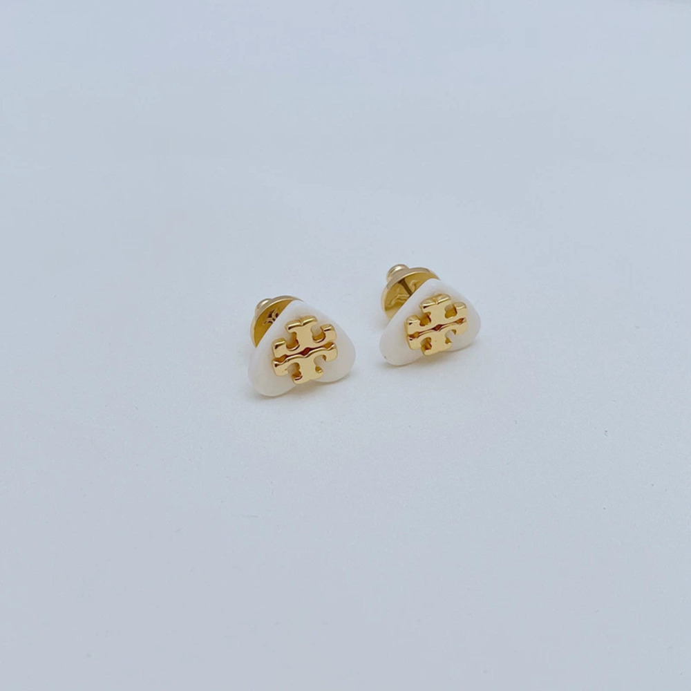 Tory Burch White Resin Heart Letter Inlaid Earrings